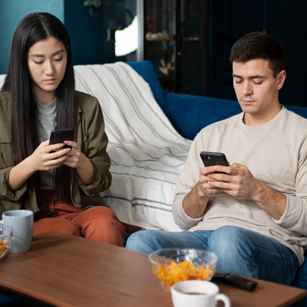 Couple chacun sur son t&eacute;l&eacute;phone sans interaction